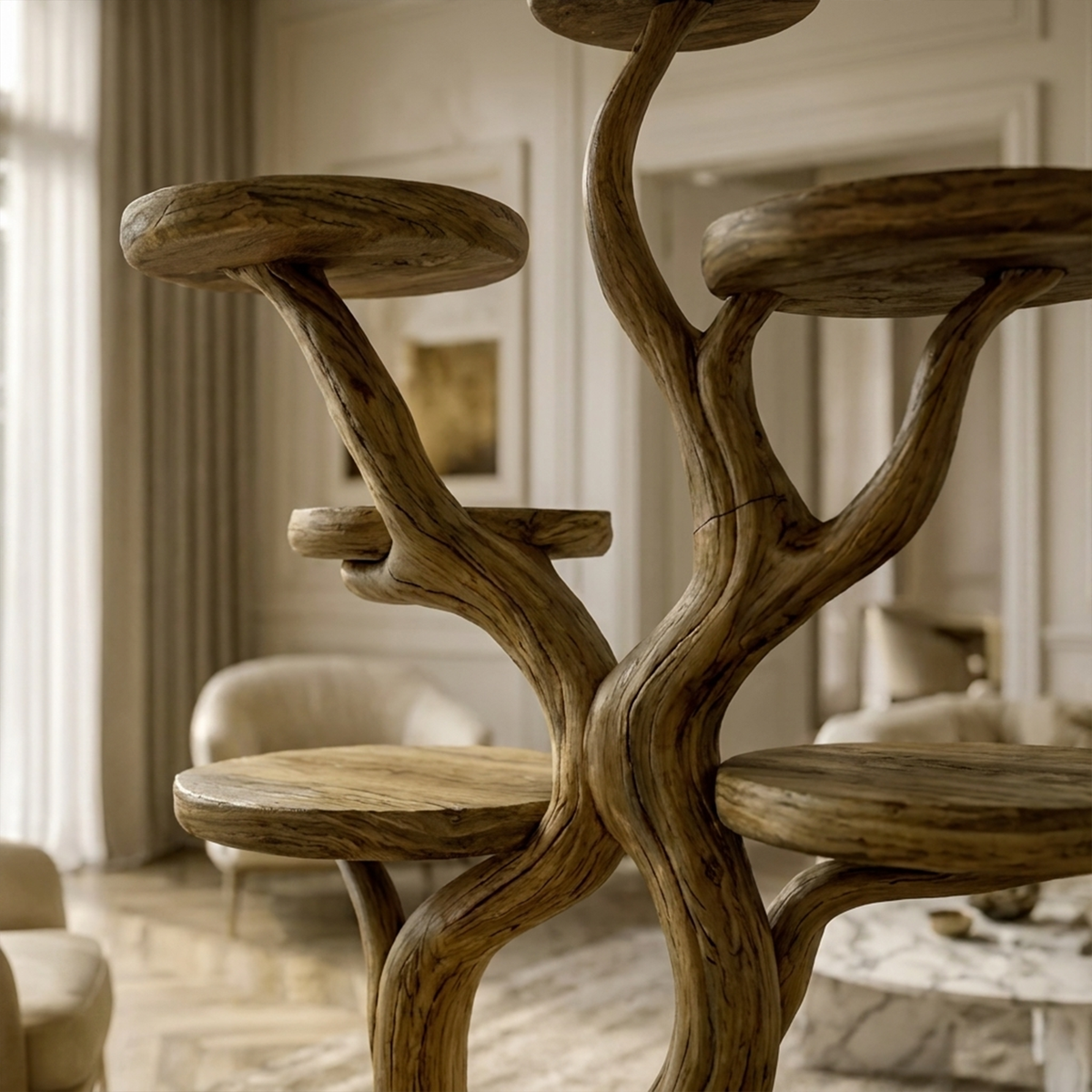 Curved Trunk Wood Cat Tree with Tiered Lounging Platforms, 59-80 in