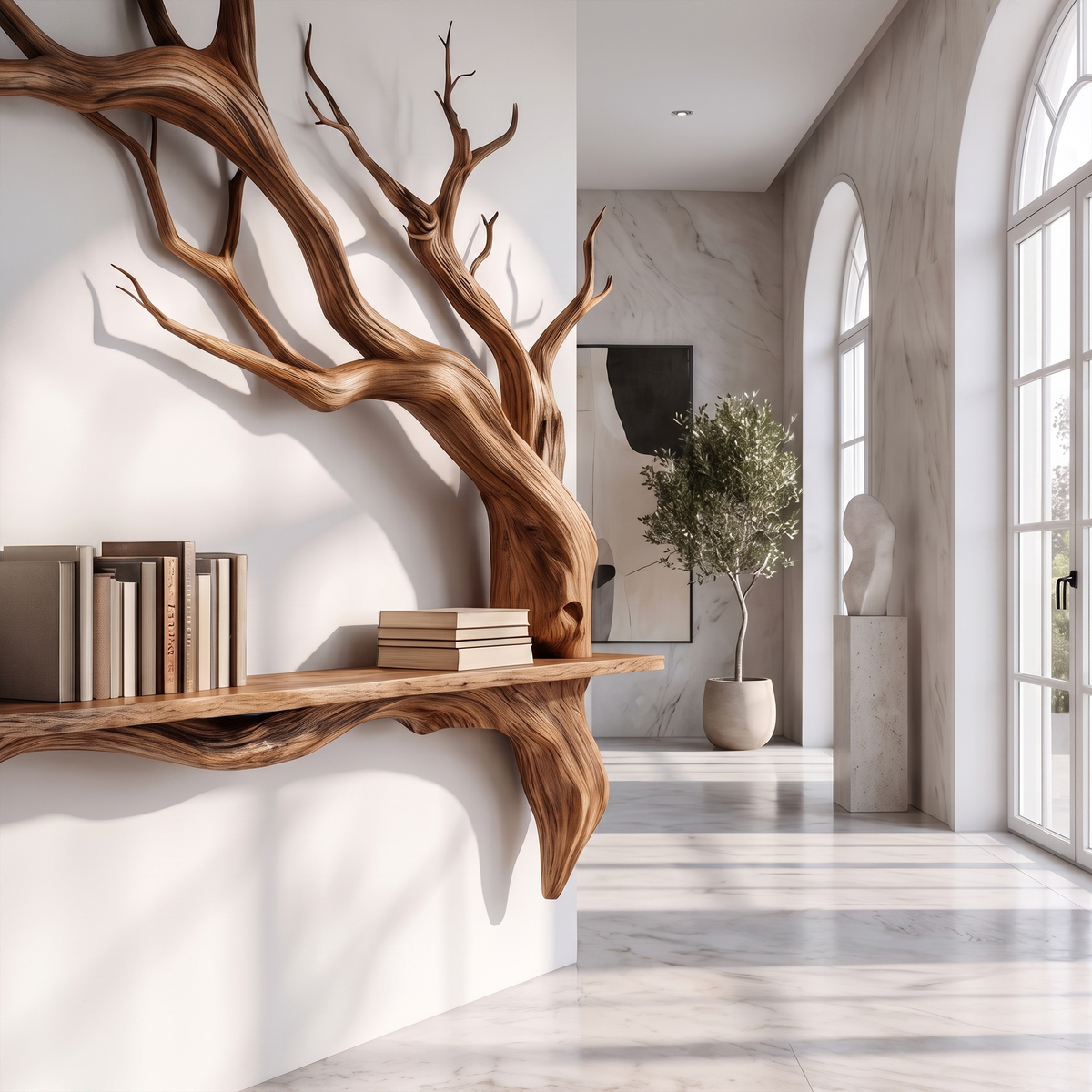 Wood Slab Ledge Wall Shelf with Carved Branch Accent, 32-47 in