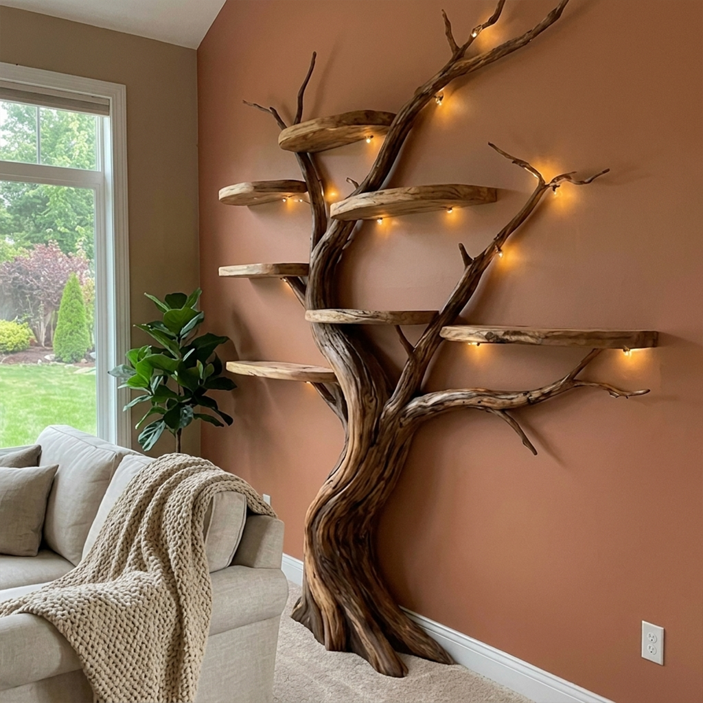 Blossom Branch Wall Bookshelf with Floating Shelves, 70 Inch Square