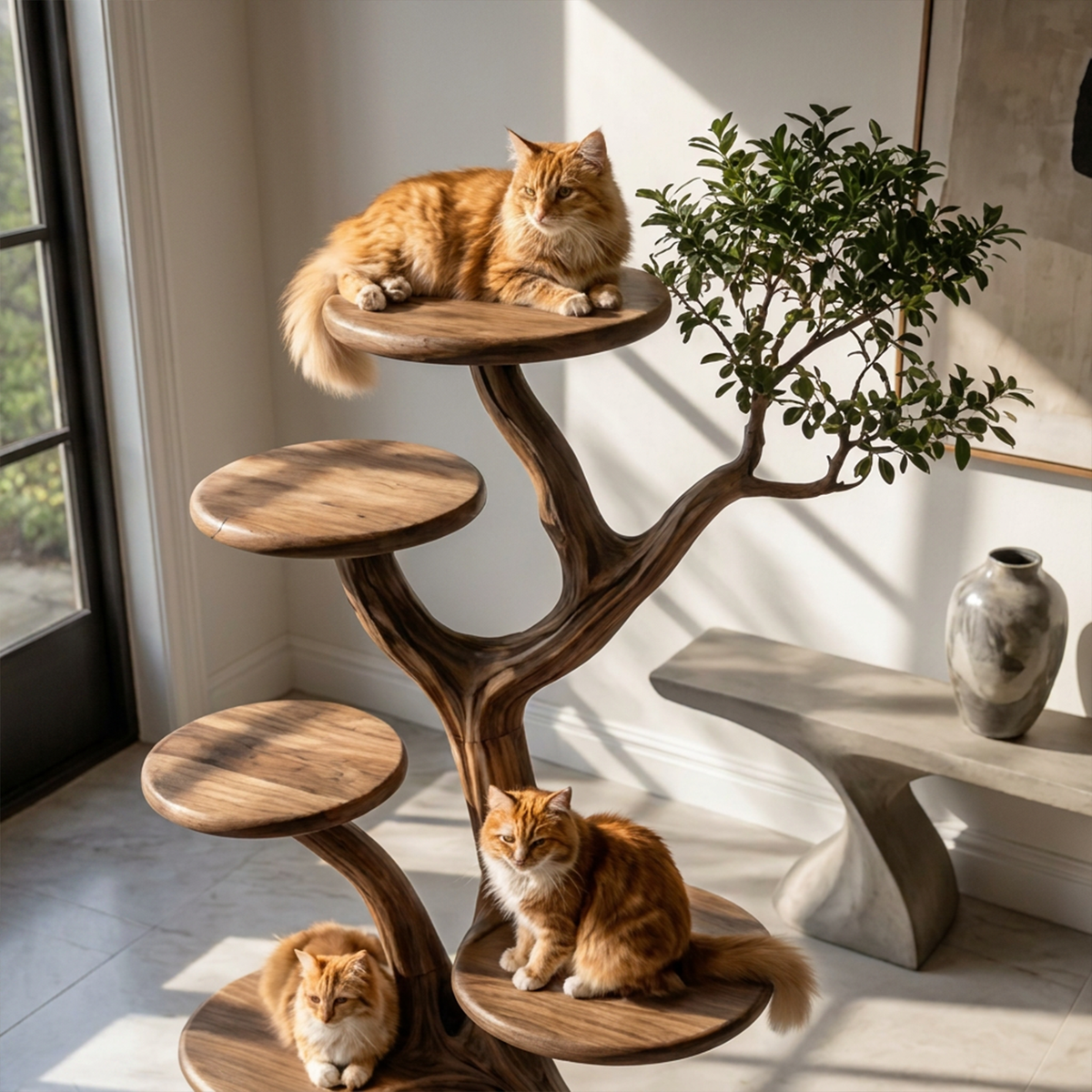 Cat Tree Tower, Rustic Solid Wood Climbing Furniture for Living Room