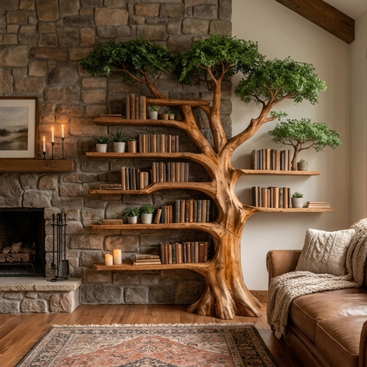 Tree Display Bookcase with Bench Seat for Reading Nooks, 70 x 80 in