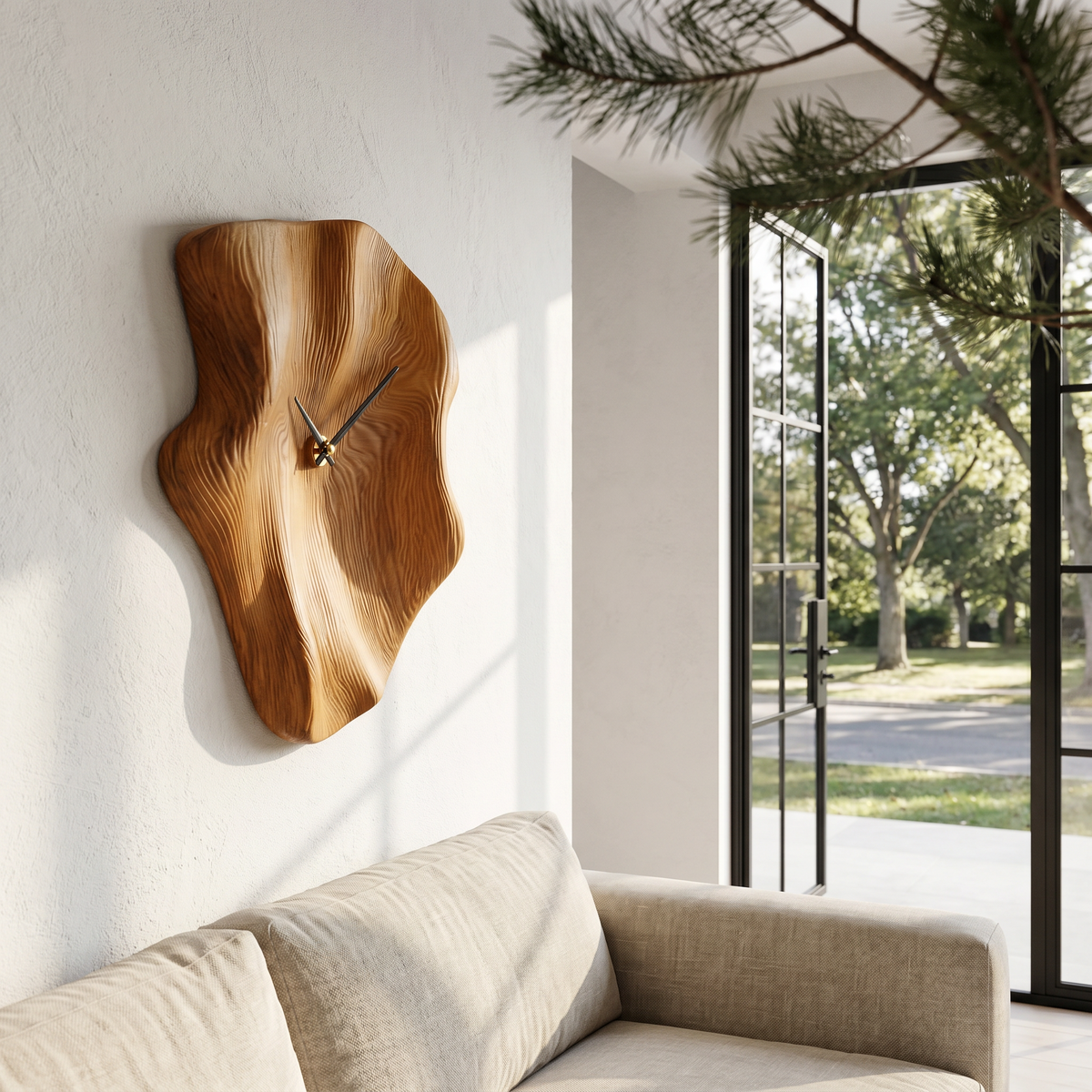 Nature Inspired Wood Wall Clock with Artistic Live Edge Form for Living Room
