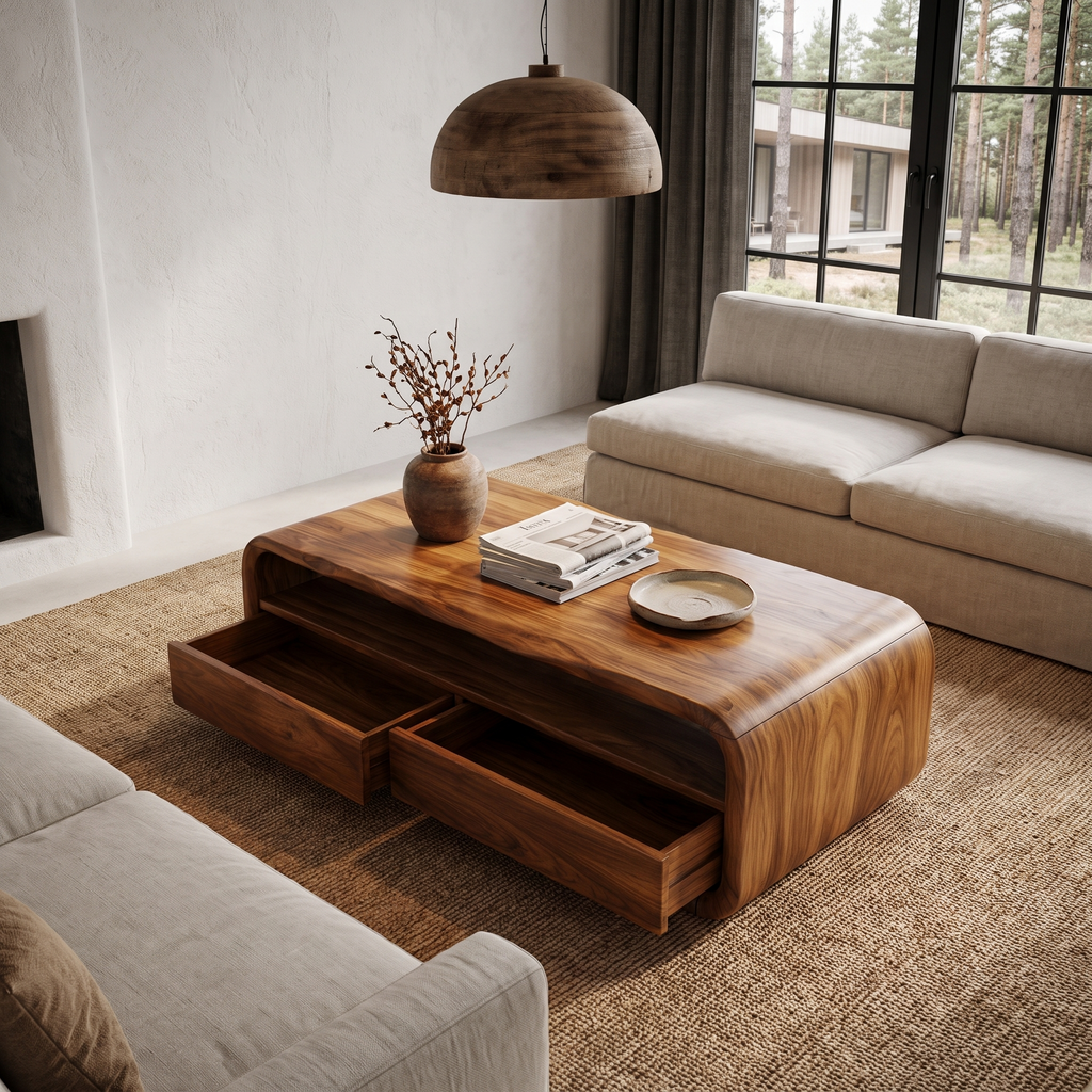 Mid Century Coffee Table With Rounded Frame Storage For Living Room