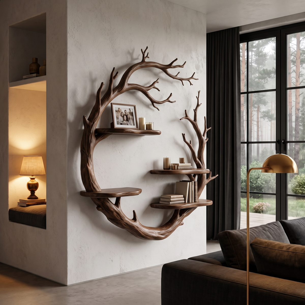 Branch Motif Wall Mounted Wooden Display Shelf, 40 To 50 Inch