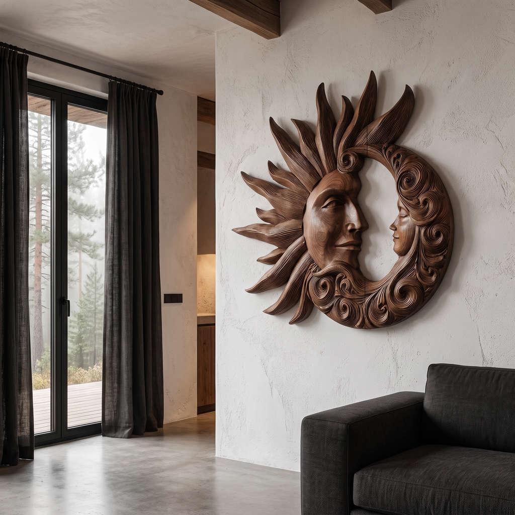 Organic Wood Wall Art With Carved Sun And Moon Design For Living Room And Bedroom