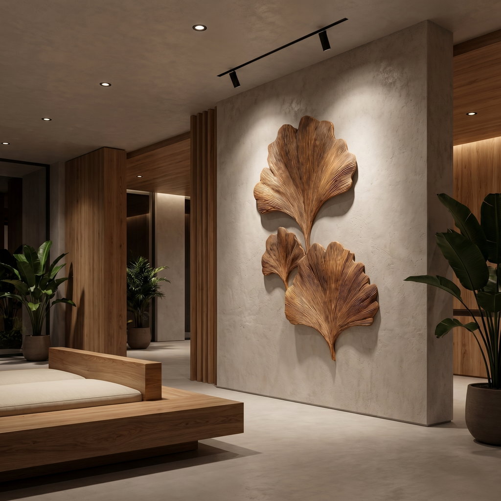 Ginkgo Leaf Wall Art, Layered Abstract Wood Sculpture for Living Room