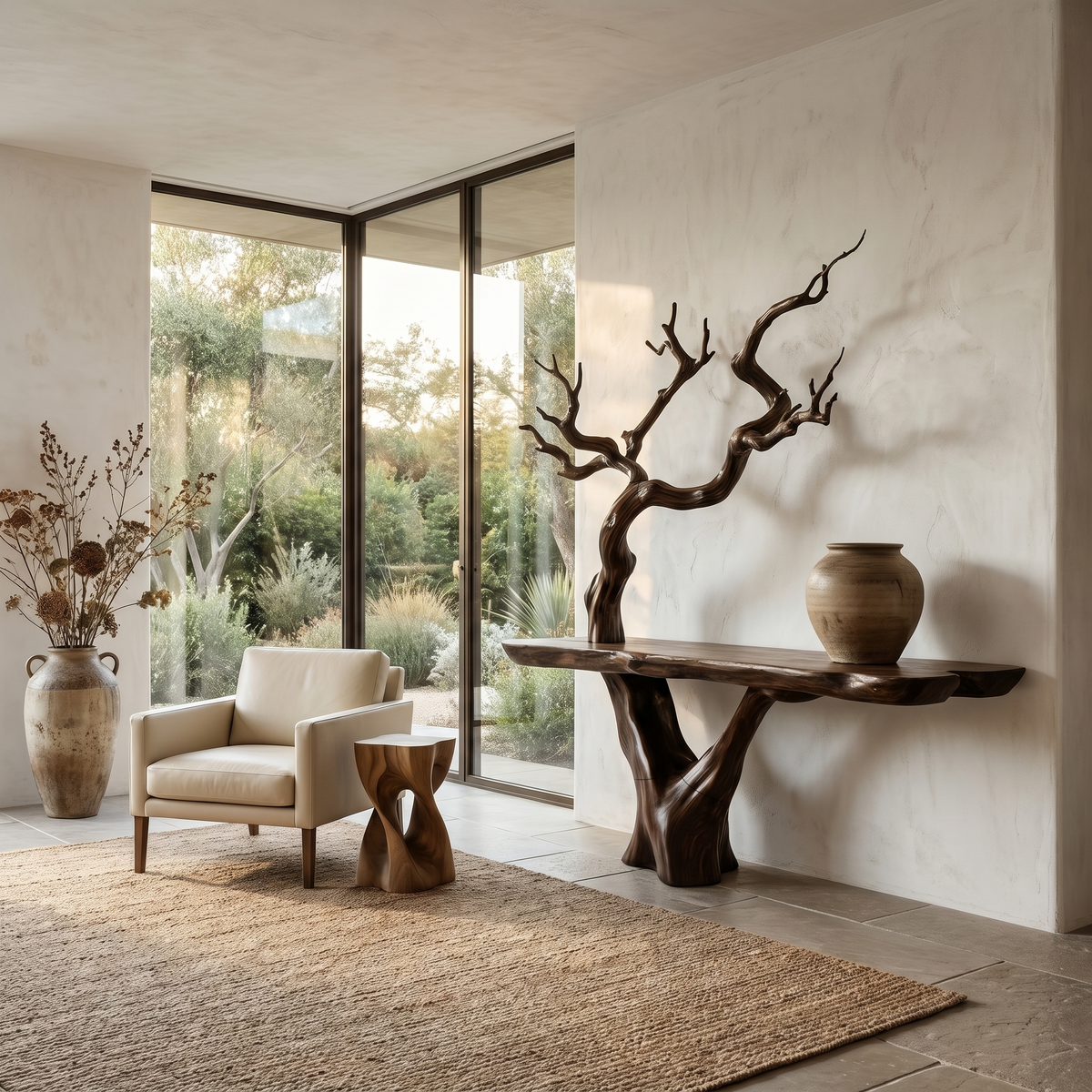 Rustic Live Edge Console Table With Sculptural Tree Branch Base