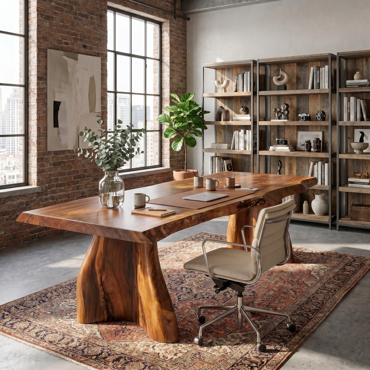 Live Edge Executive Desk, Rustic Solid Wood Desk with Sculptural Base