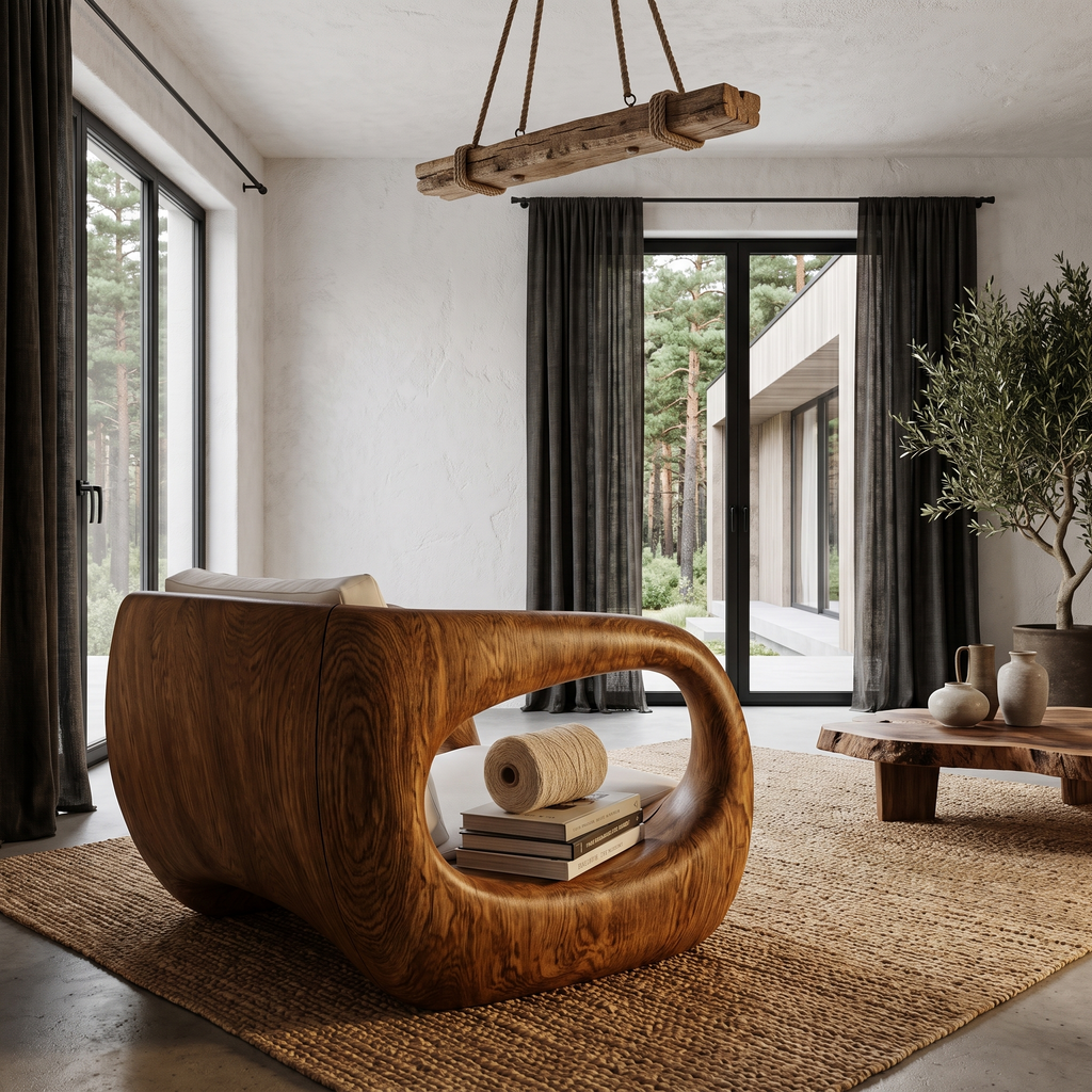 Curved Armrest Sculpted Wood Lounge Chair For Living Room