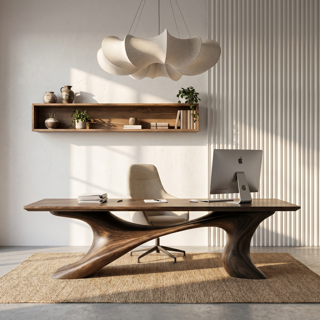 Sculptural Wood Office Desk, Organic Modern Executive Workstation