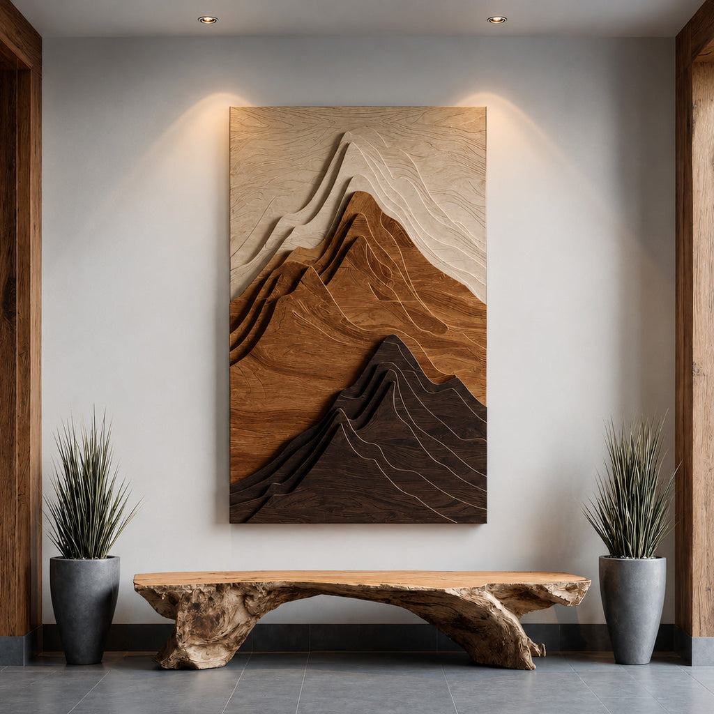 Vertical Mountain Relief Wood Wall Sculpture For Entryways