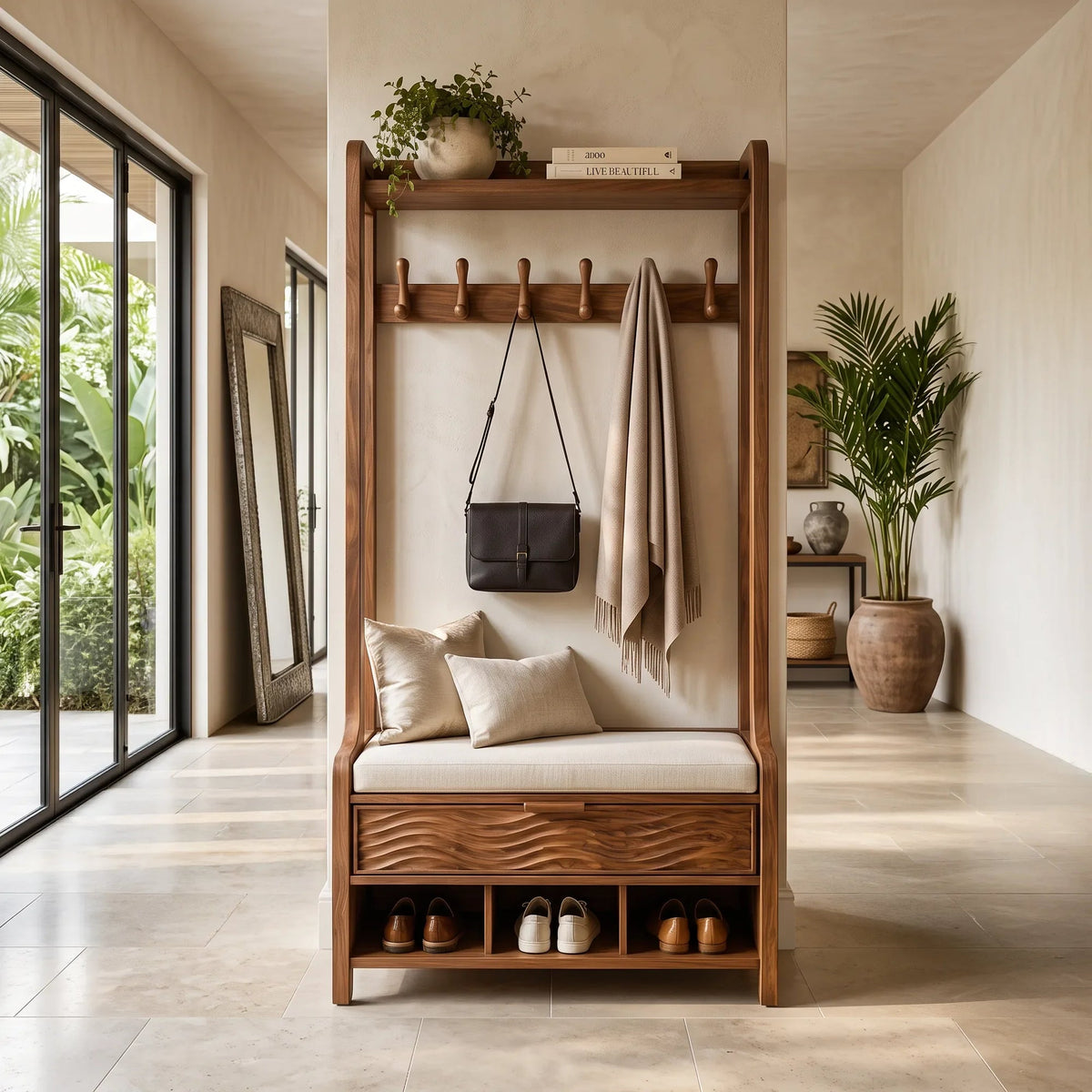 Modern Storage Bench With Coat Rack And Shoe Storage For Home