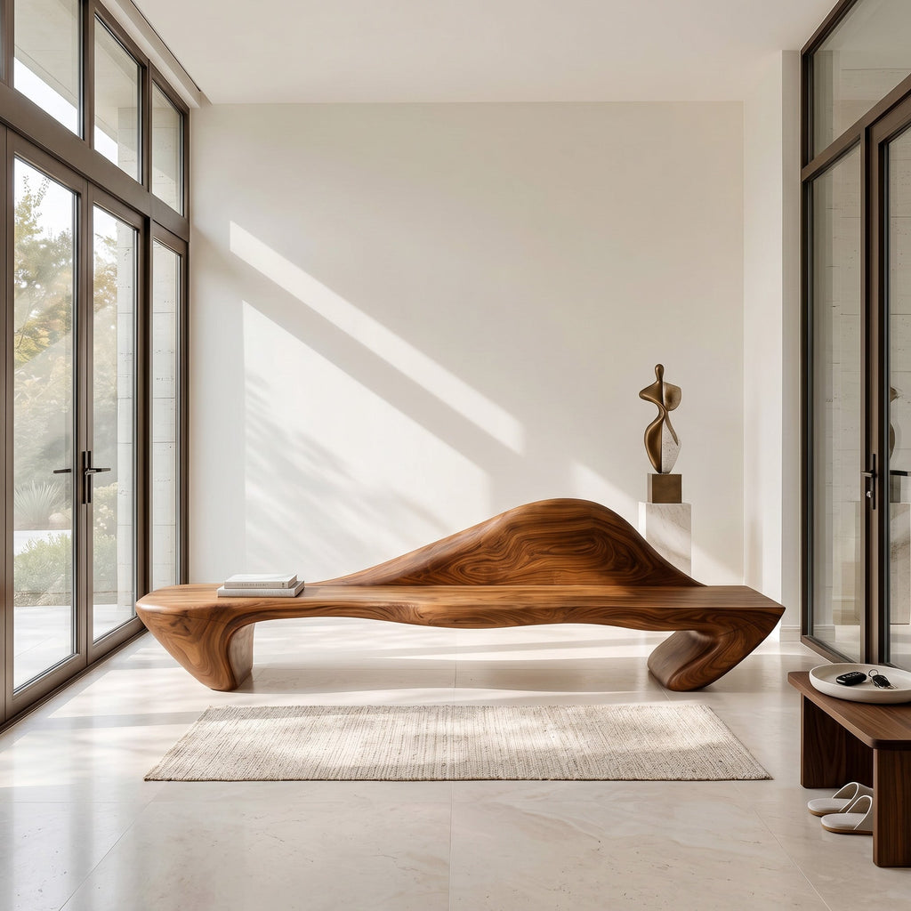 Flowing Curved Wood Entry Bench With Raised Back, 47 To 73 Inch