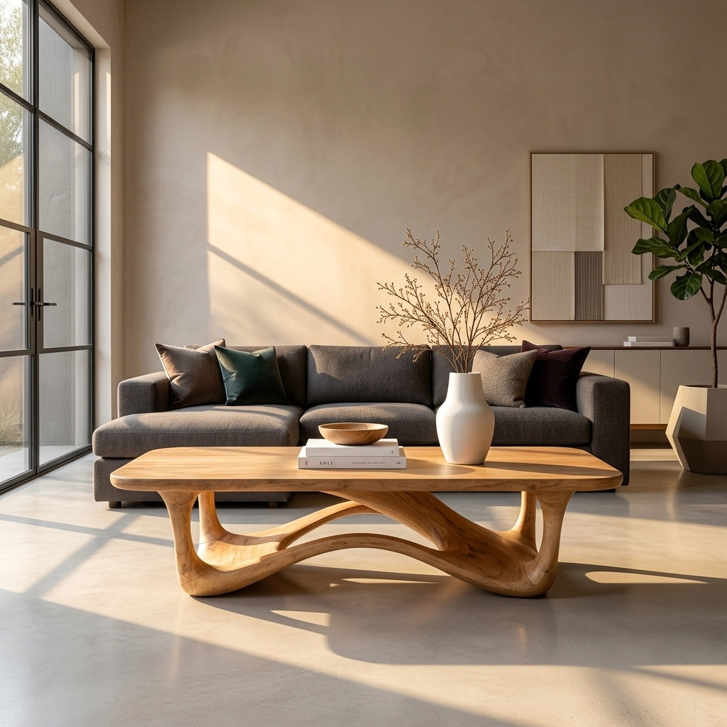 Sculptural Solid Wood Coffee Table with Curved Open Base