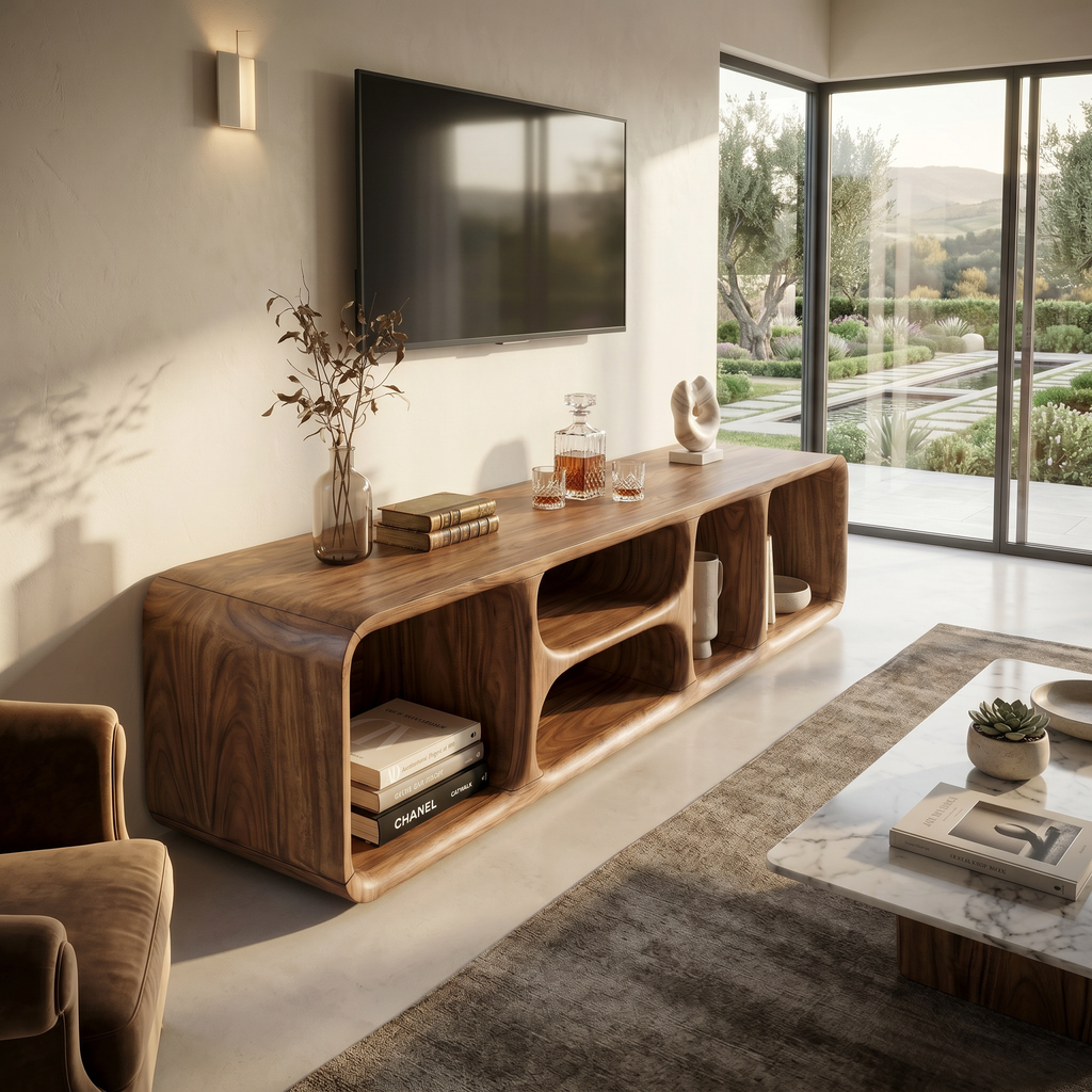 Handcrafted Wooden TV Cabinet With Storage, 51 To 83 Inch Wide