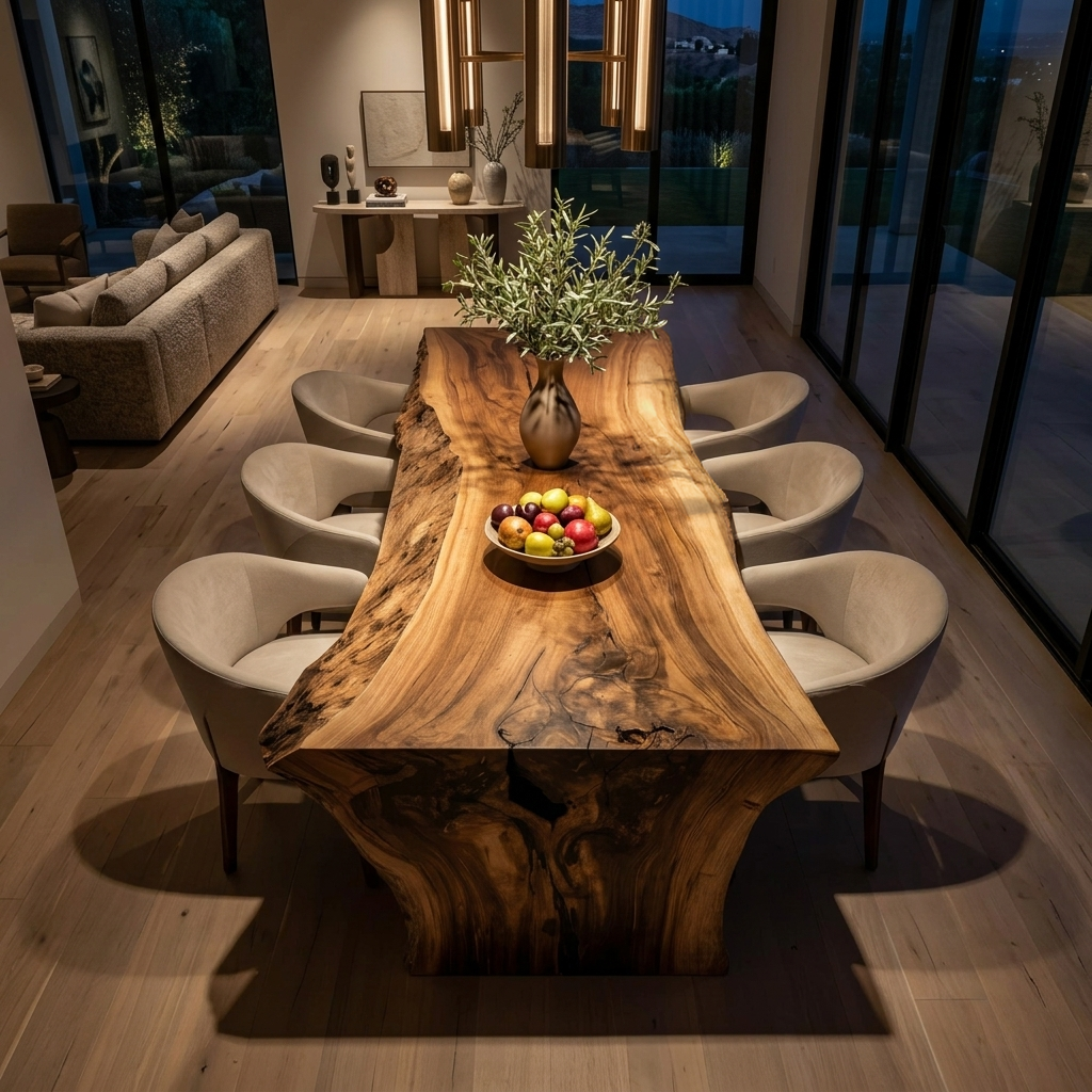 Modern Live Edge Solid Wood Dining Table with Monolithic Base