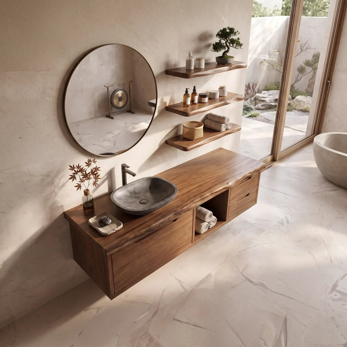 Double Sink Wood Bathroom Vanity With Split Storage For Two