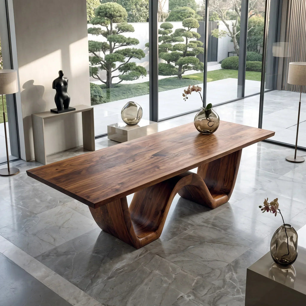Contemporary Wooden Dining Table Sculptural Wave Base For Dining Room