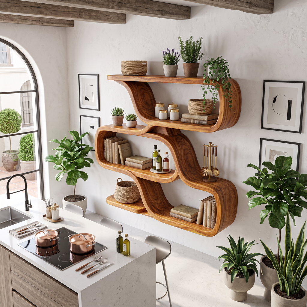 Rounded Open Wood Wall Shelving Unit For Entryways, 50 To 76 Inch