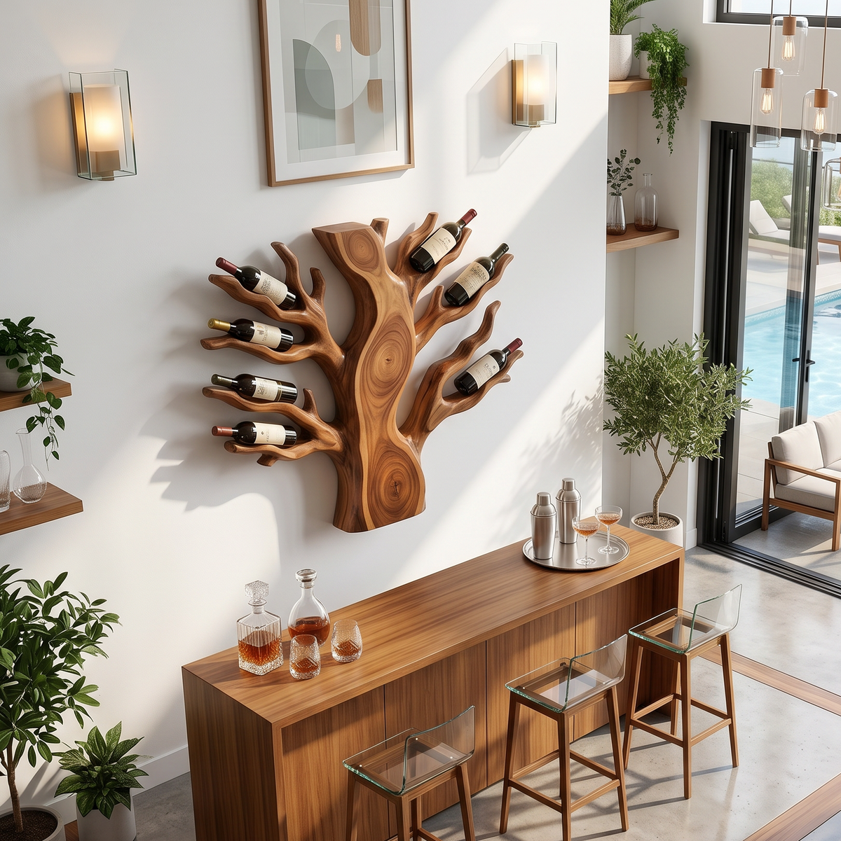 Floating Wall Wine Rack In Solid Wood For Living Rooms, 64 to 76 Inch