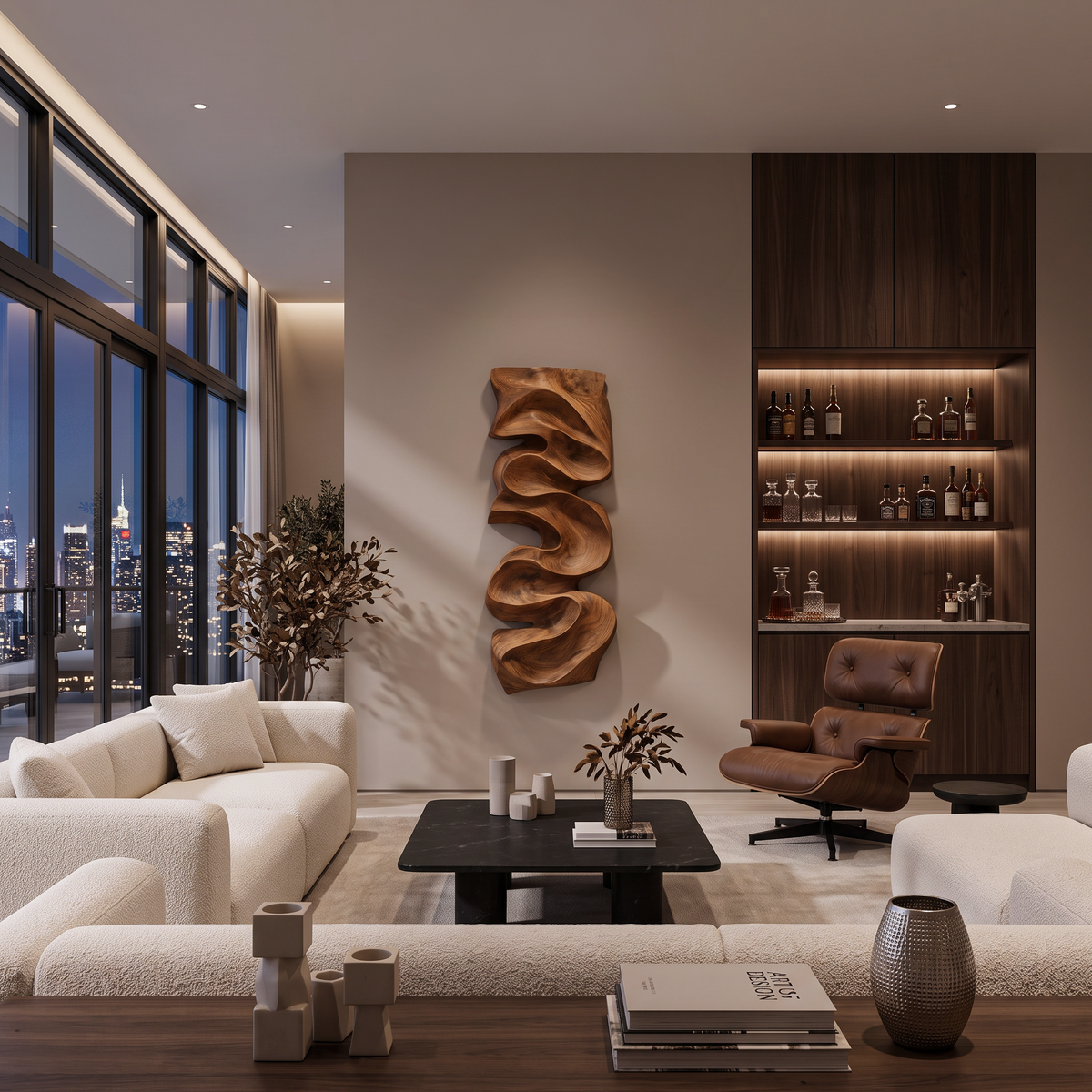 Tall Cascading Curve Carved Wood Wall Panel, 47 to 79 in High