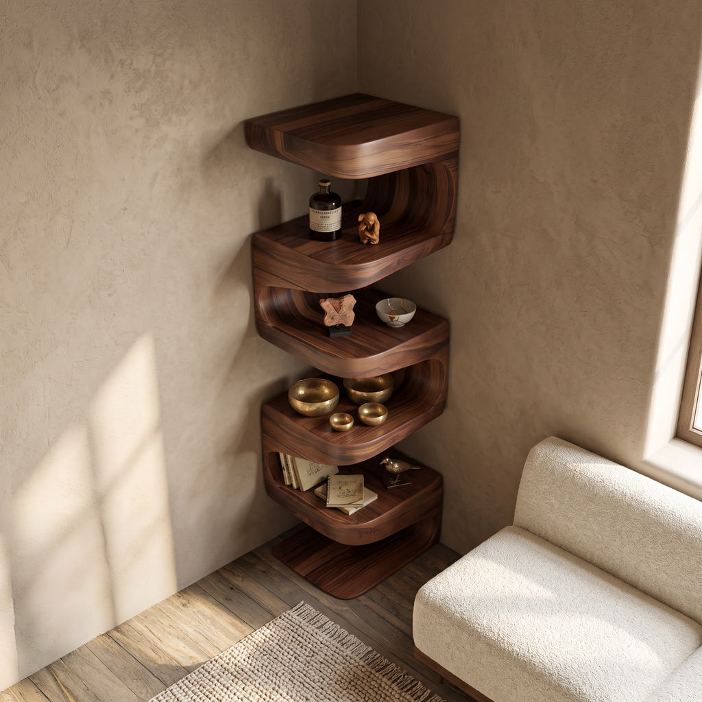 Flowing Wave Corner Shelf Unit in Solid Wood, 47 to 63 Inches Tall