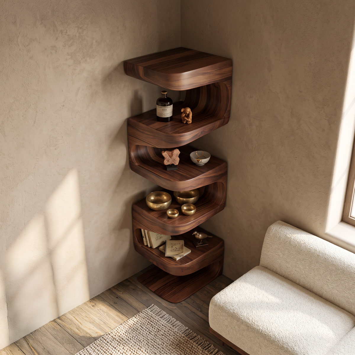 Flowing Wave Corner Shelf Unit in Solid Wood, 47 to 63 Inches Tall