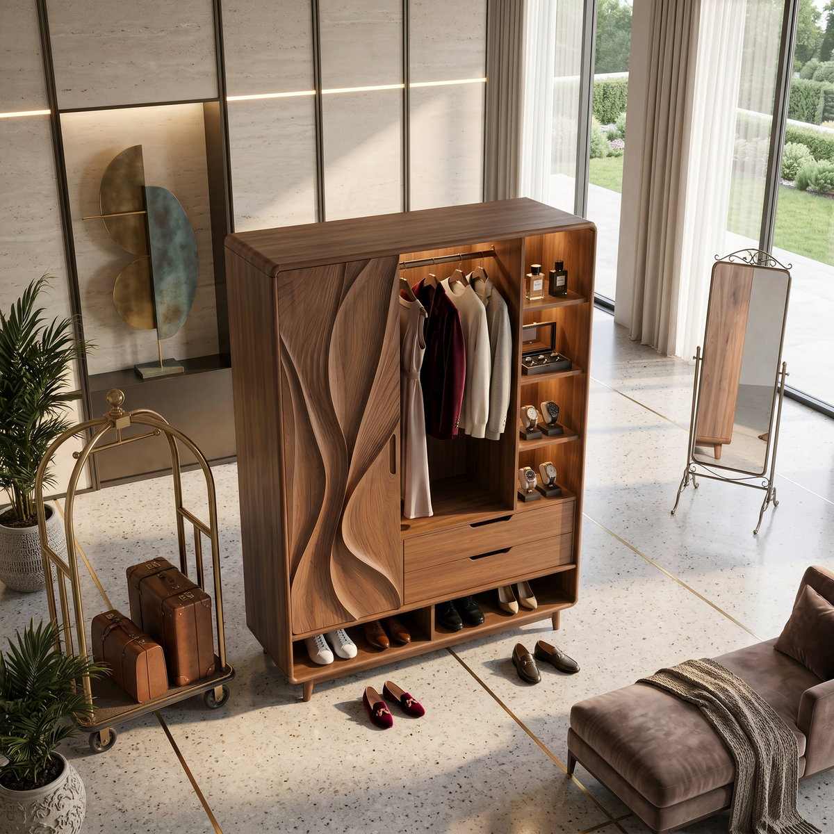 Tall Curved Front Wooden Wardrobe Armoire For Bedroom Clothing Storage