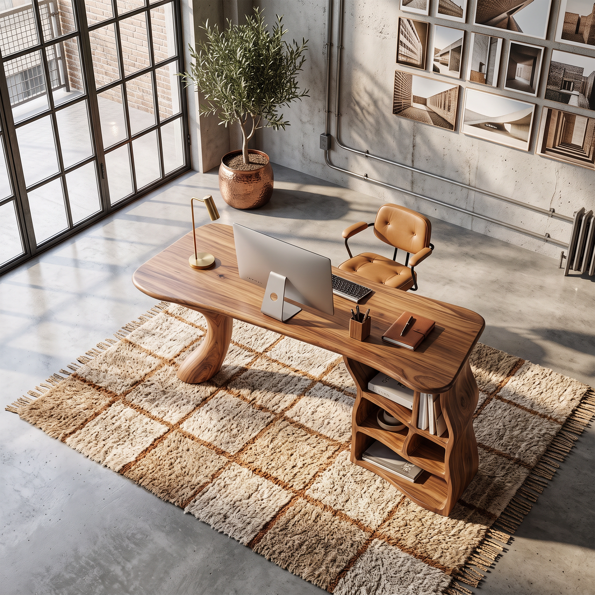 Sculptural Writing Desk With Drawers And Open Shelving