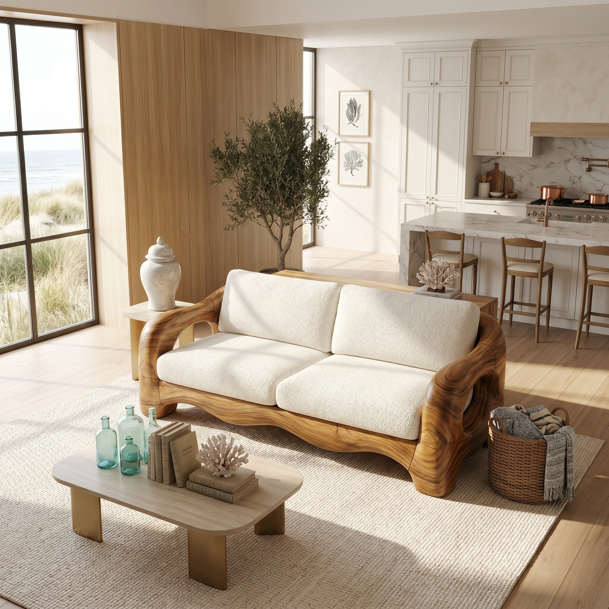 Looped Frame Curved Wood Sofa For Modern Apartments