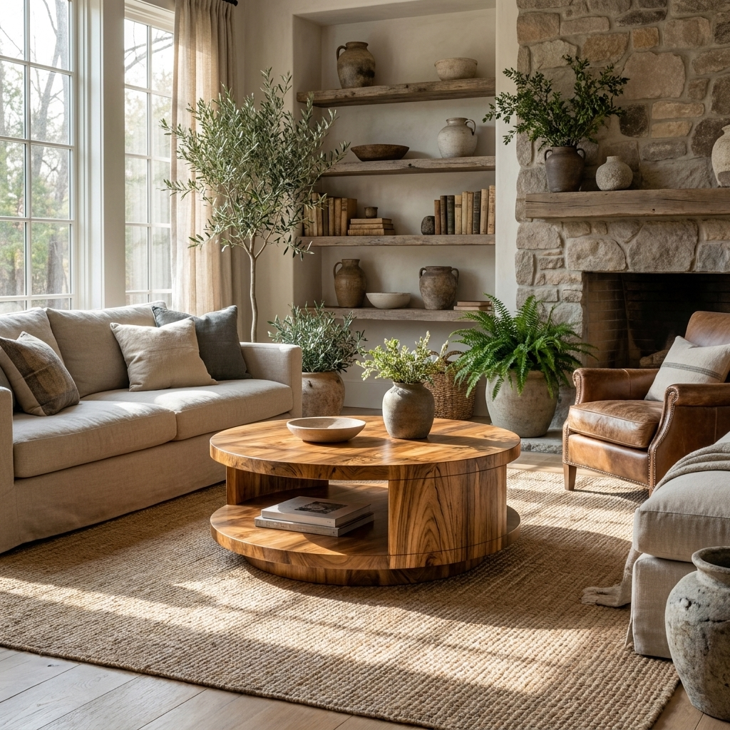 Round Coffee Table with Shelf, Modern Solid Wood Living Room Table