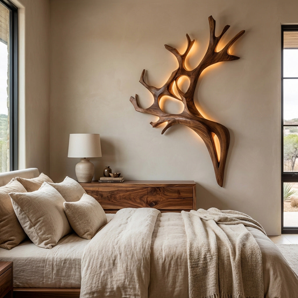 Backlit Carved Branch Wall Lamp, Sculptural Wood, 47 to 63 Inch Tall