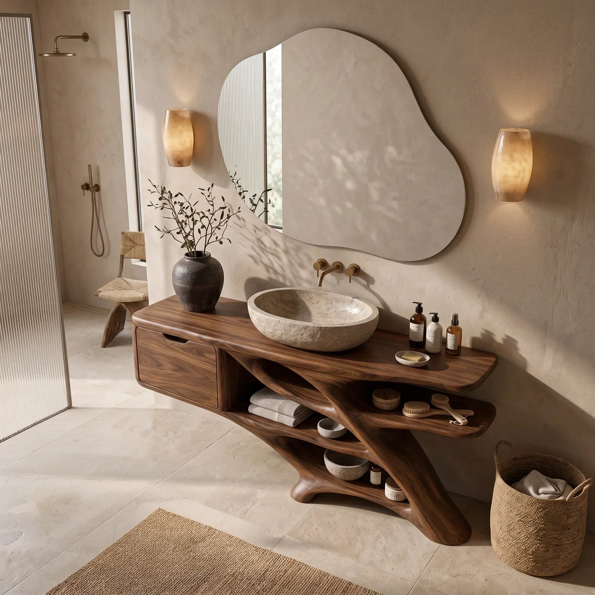 Sculptural Bathroom Vanity Branch Shelving With Cabinet For Designer Homes