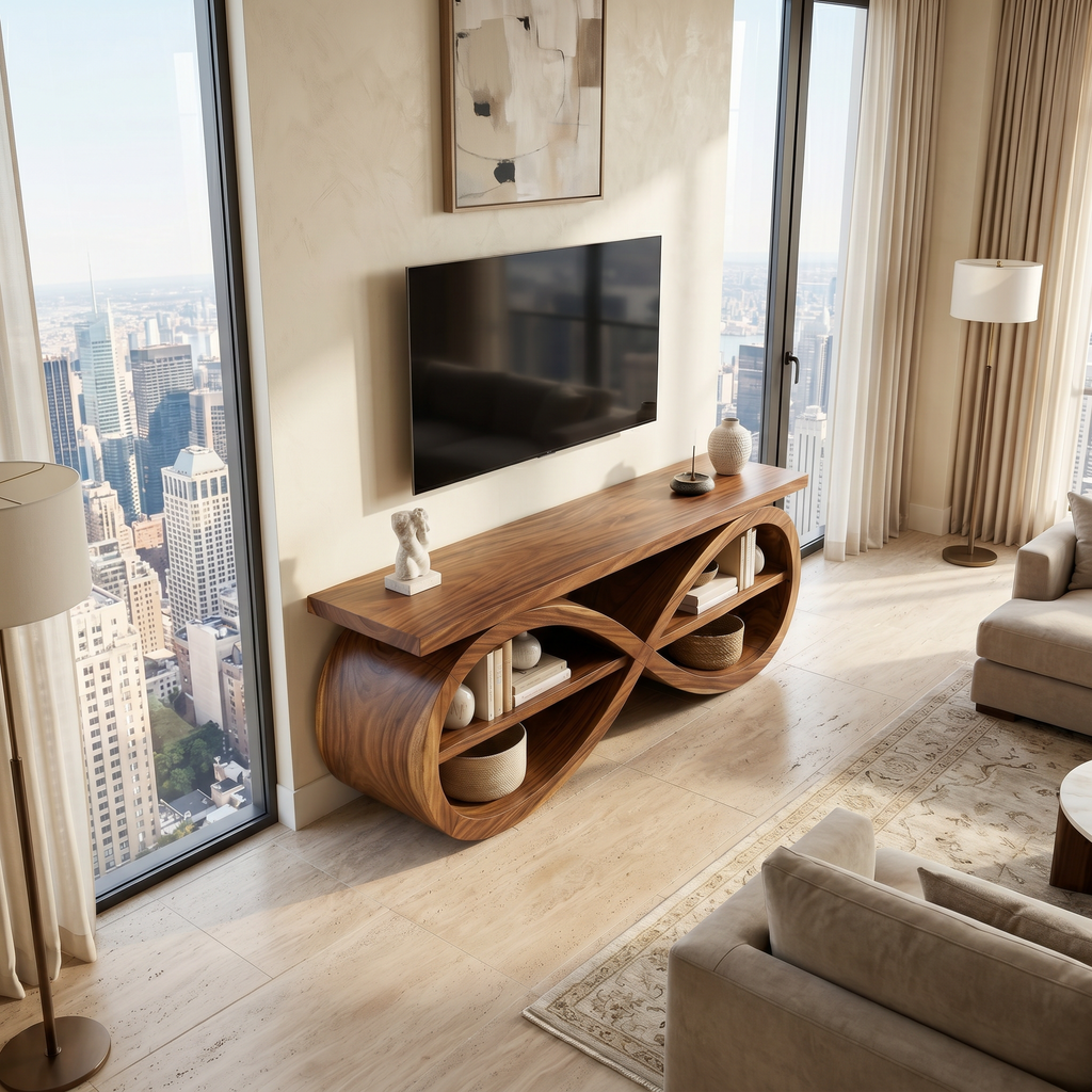 Handcrafted Wooden Media Cabinet With Sculpted Lines, 51 To 83 In