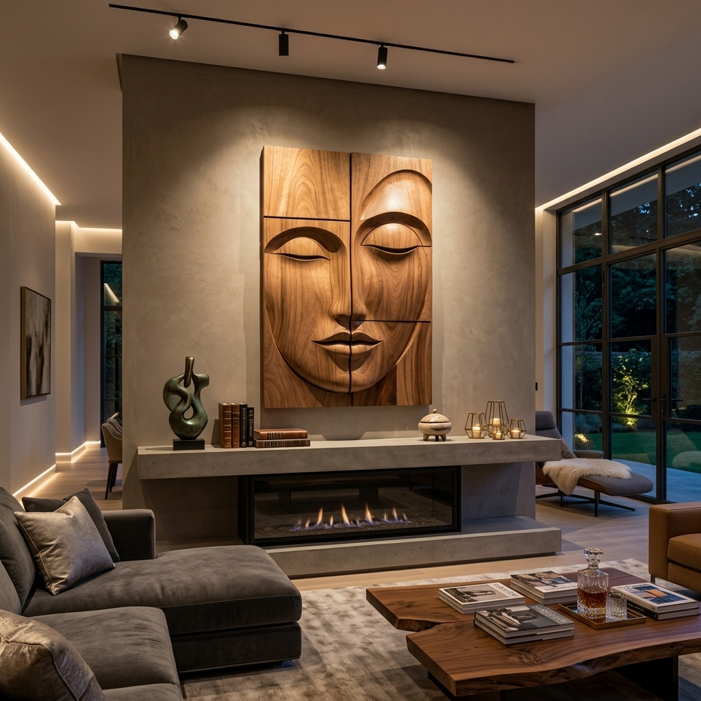 Multi-Panel Carved Wood Buddha Face Relief Wall Decor, 47-71 in