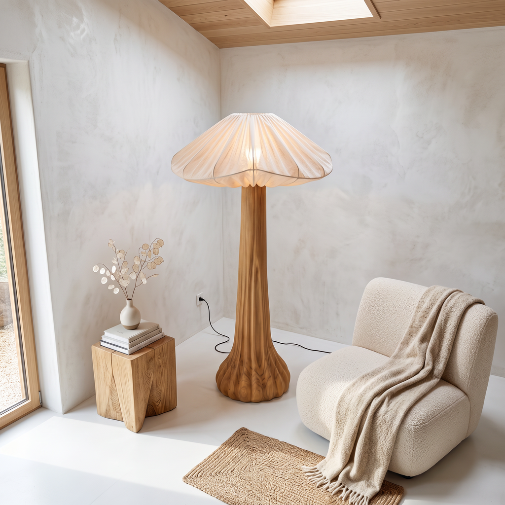 Organic Mushroom Form Wood Floor Lamp For Reading Corners, 51-61 In