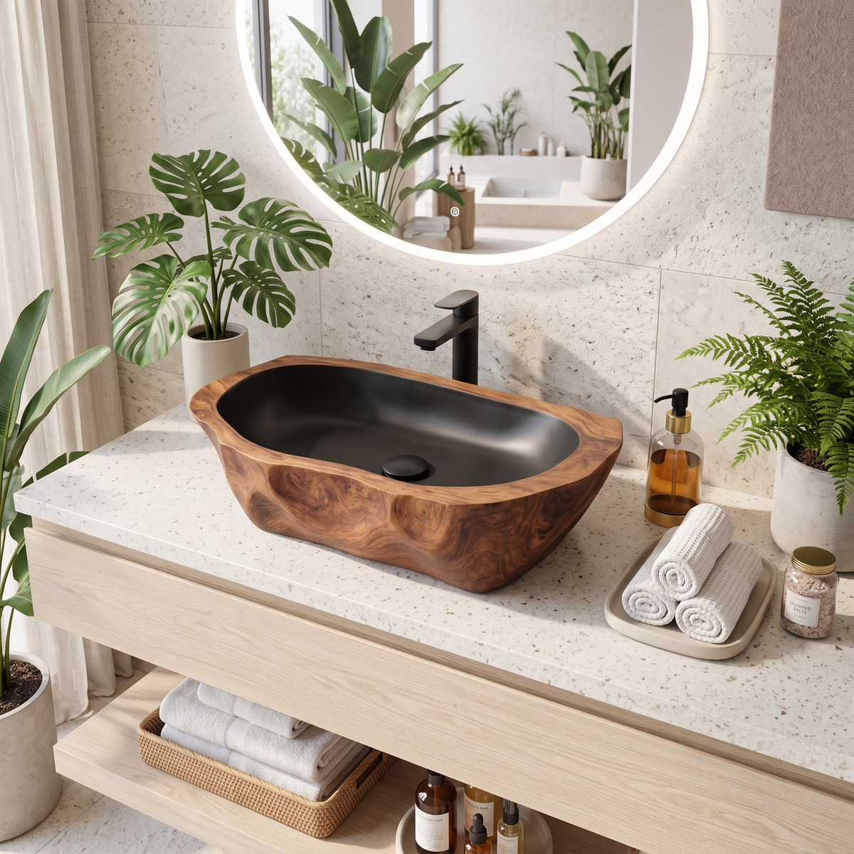 Mid Century Solid Wood Sink For Modern Bathroom Makeover