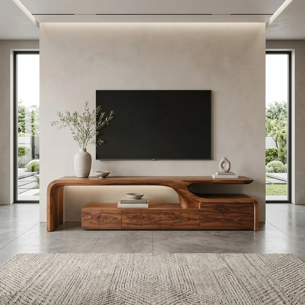 Long Low Curved Wood Media Console, 65 To 93 Inch Wide