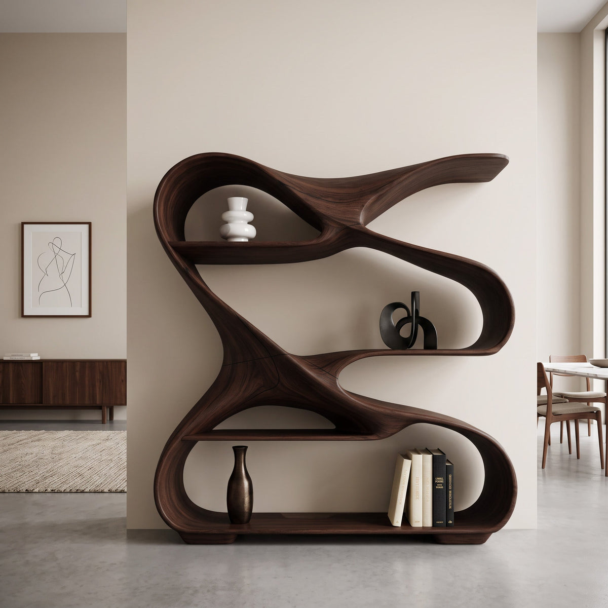 Freeform Curved Wood Display Shelf for Home Office, 47 to 79 in Tall
