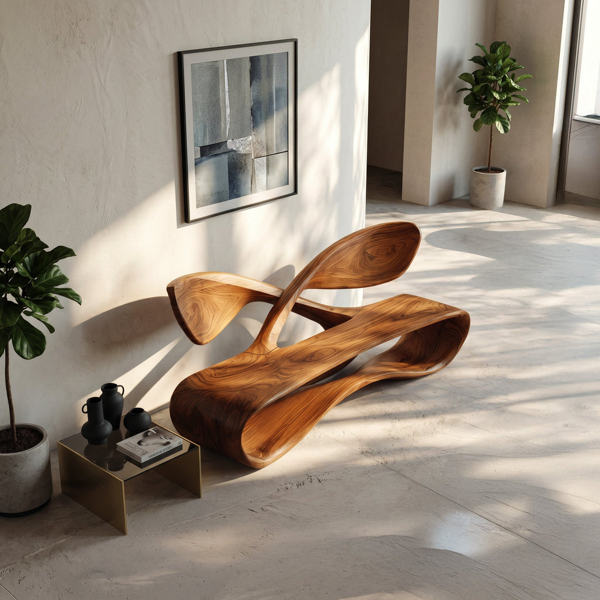 Curved Solid Wood Bench With Crossed Back Support For Living Rooms
