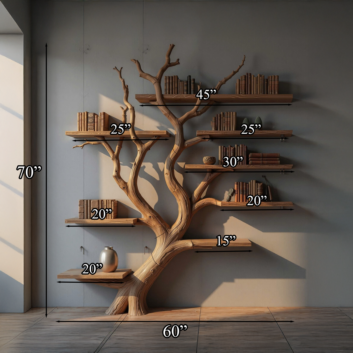 Brown Branch Display Shelf with Floating Boards, 70 by 60 Inches