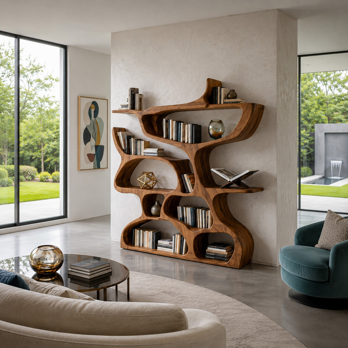 Freeform Carved Wood Bookcase with Irregular Open Cubbies, 47-79 In Tall