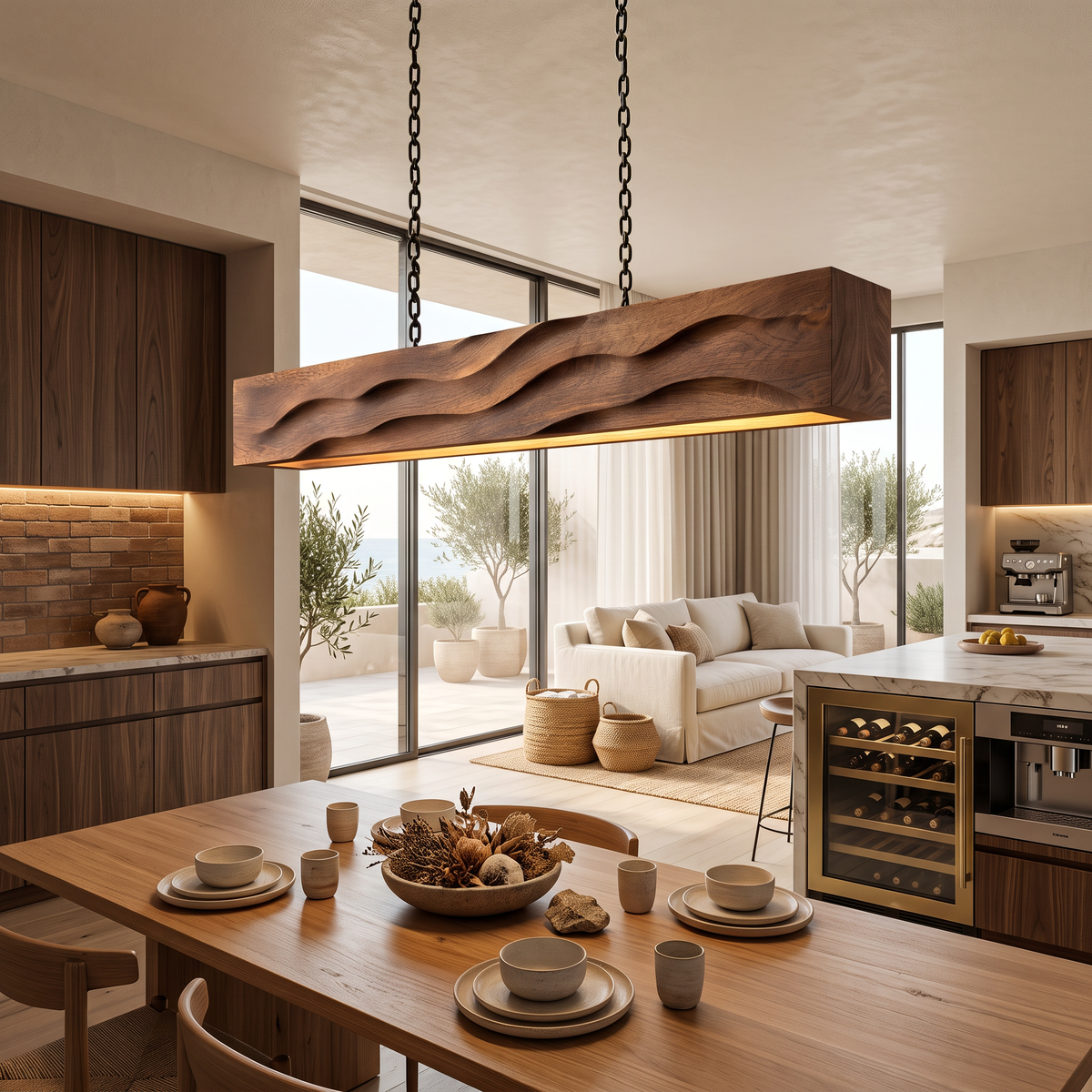 Suspended Wooden Pendant Light Over Kitchen Table, 30 To 51 Inch