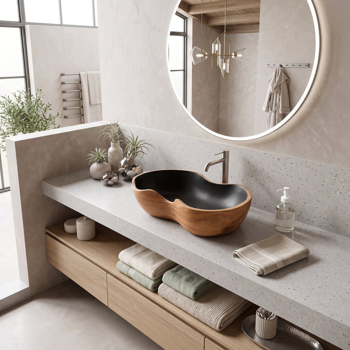 Mid Century Handcrafted Wood Wash Basin For Bathroom Use