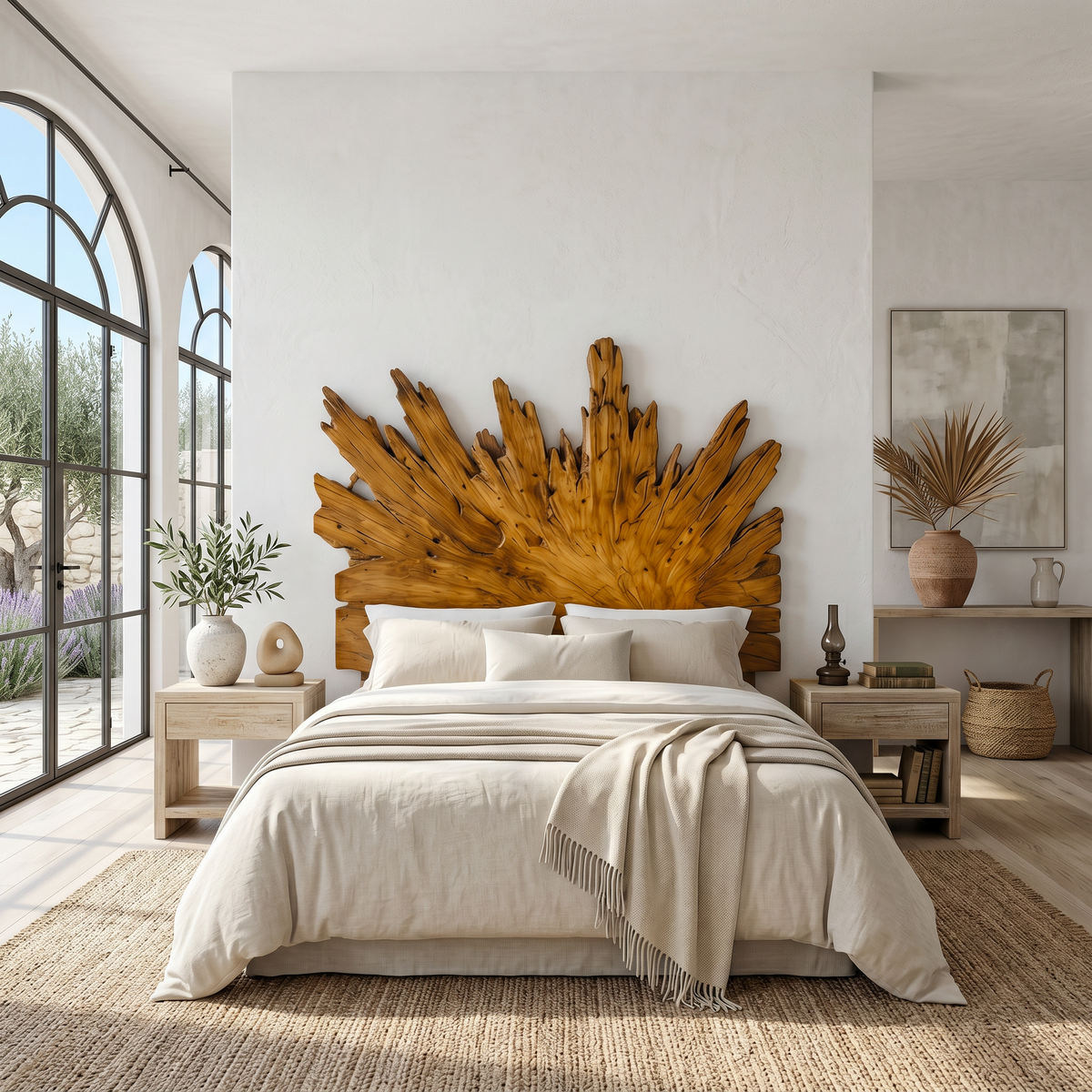 Radiating Sunburst Carved Wood Headboard For Queen Or King Beds