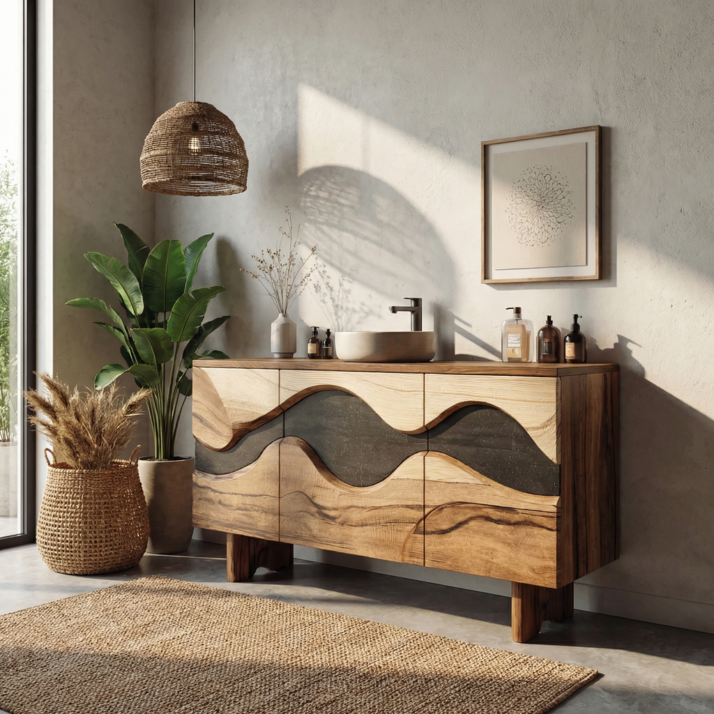 Bathroom Vanity Cabinet, Wave Front Sculptural Solid Wood Design