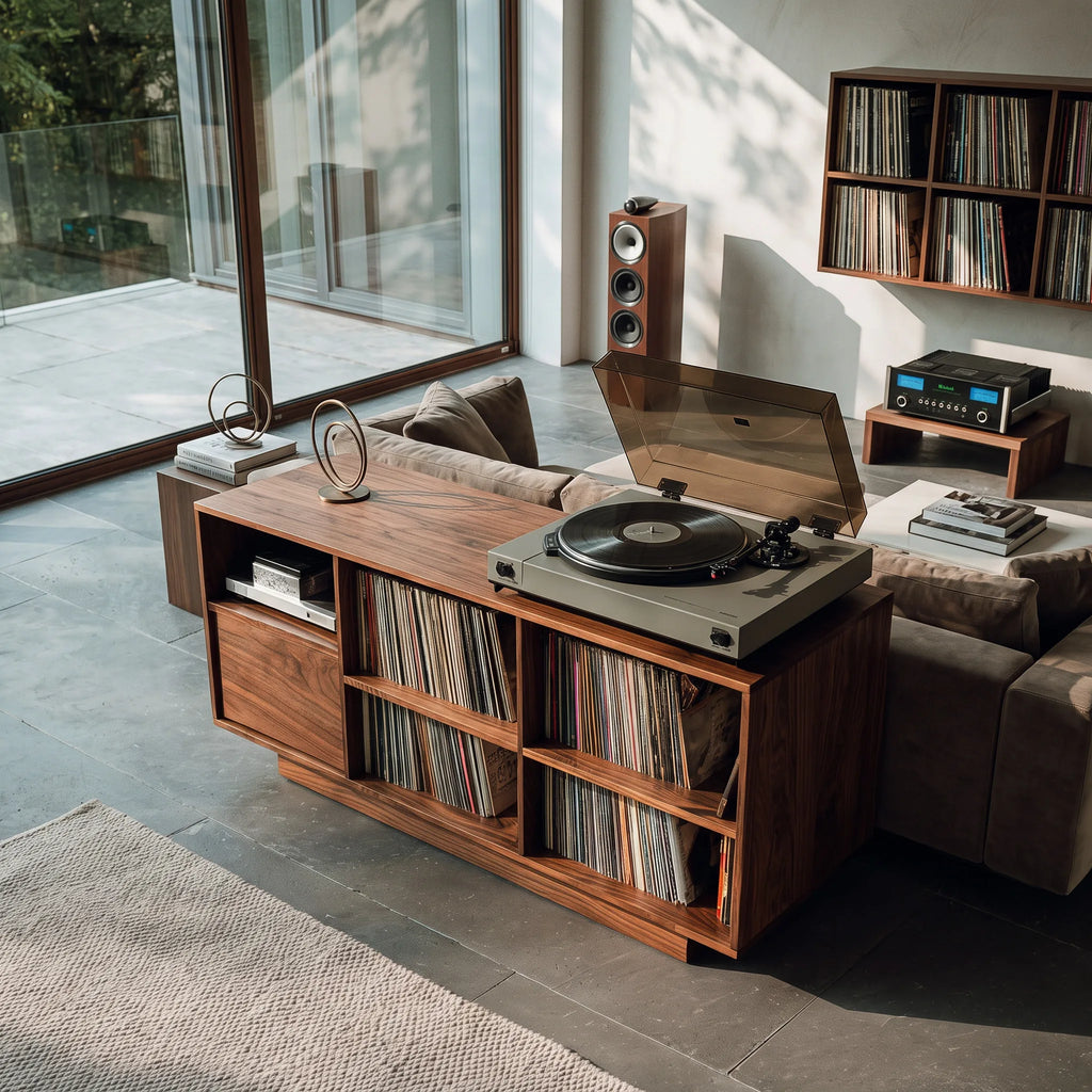 Wide Wood Record Cabinet With Open Cubbies And Turntable Top, 59-86 In