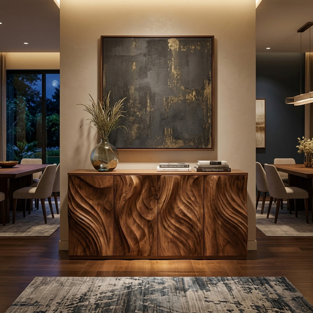 Sculpted Door Credenza, Mid Century Modern Solid Wood Sideboard