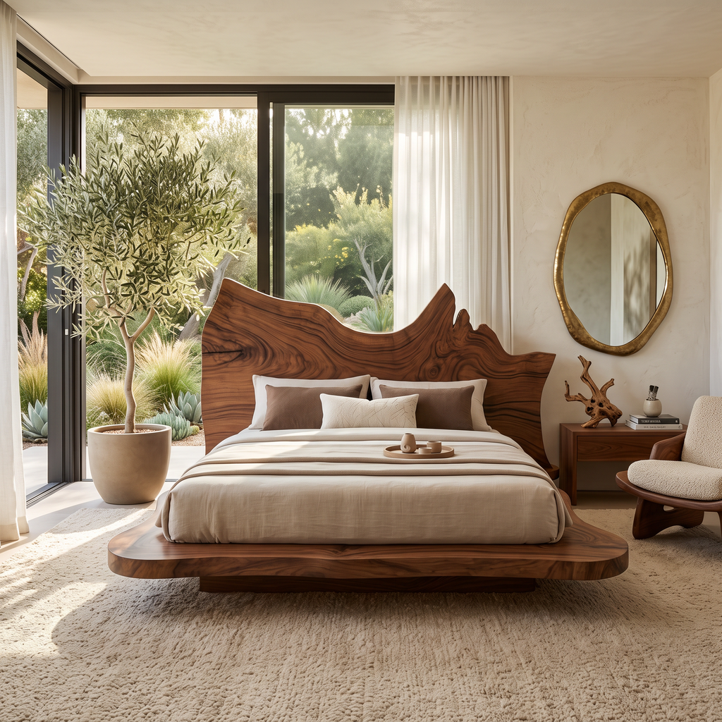 Layered Live Edge Platform Bed With Bold Headboard, EU Sizes