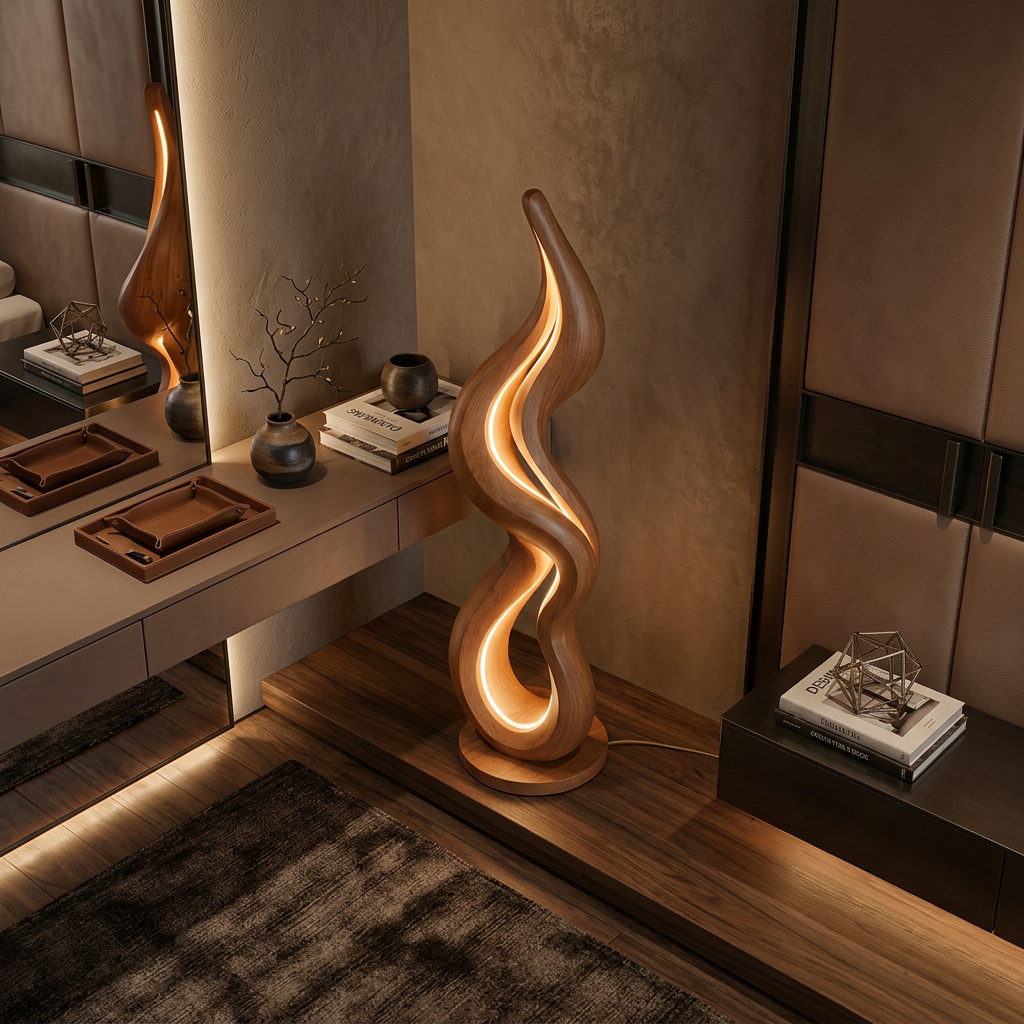 Wave Form Wooden Floor Lamp With Built-In Side Table Surface